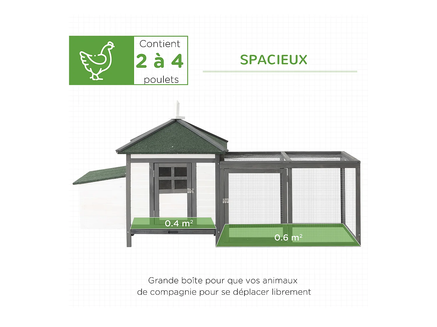 Poulailler cottage multi-équipement perchoir rampe pondoir enclos tiroir à déjection 196L x 76l x 97H cm bois massif pin gris blanc
