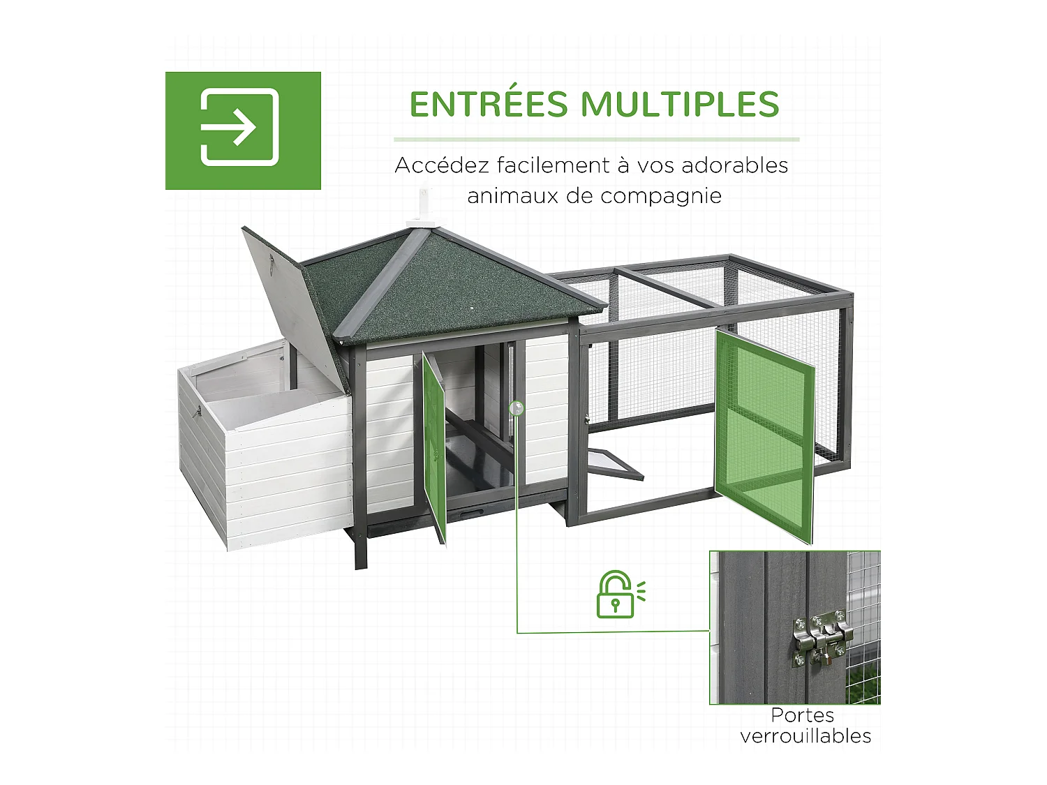 Poulailler cottage multi-équipement perchoir rampe pondoir enclos tiroir à déjection 196L x 76l x 97H cm bois massif pin gris blanc