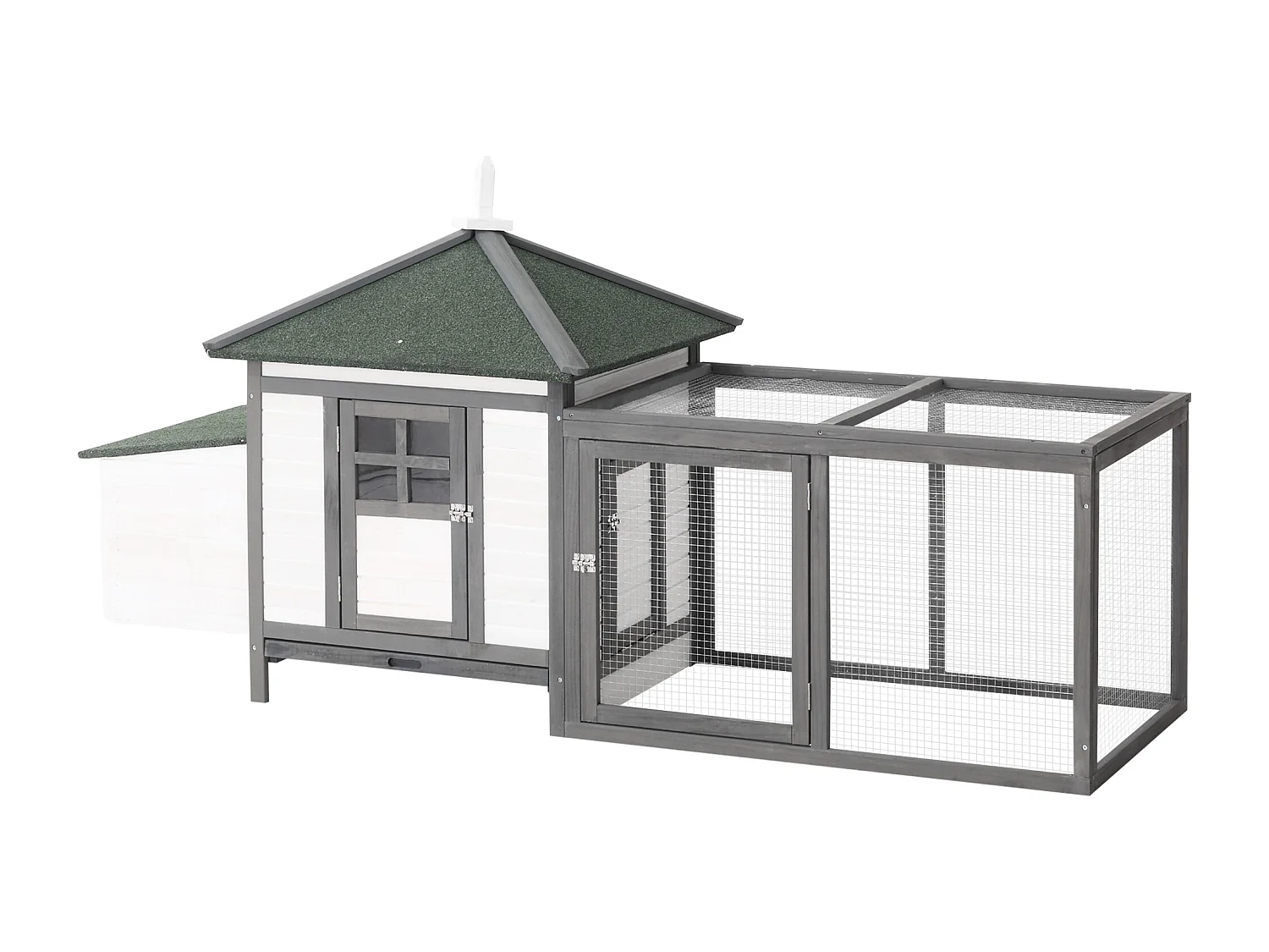 Poulailler cottage multi-équipement perchoir rampe pondoir enclos tiroir à déjection 196L x 76l x 97H cm bois massif pin gris blanc