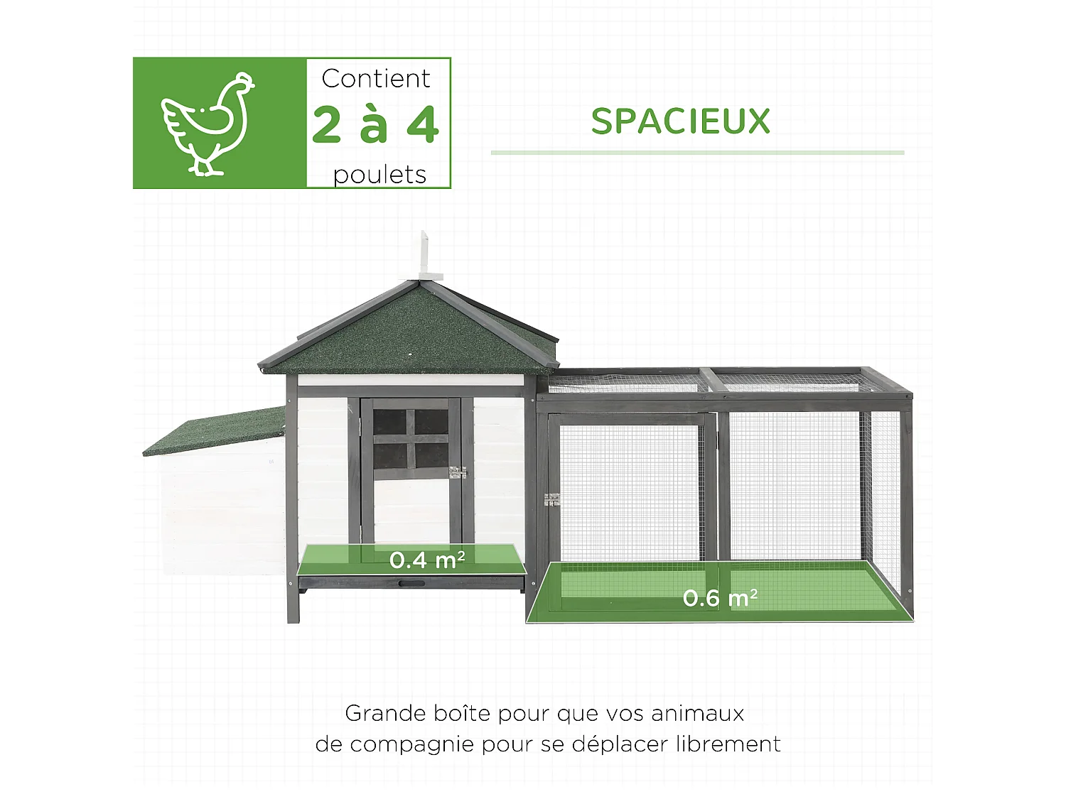 Poulailler cottage multi-équipement perchoir rampe pondoir enclos tiroir à déjection 196L x 76l x 97H cm bois massif pin gris blanc