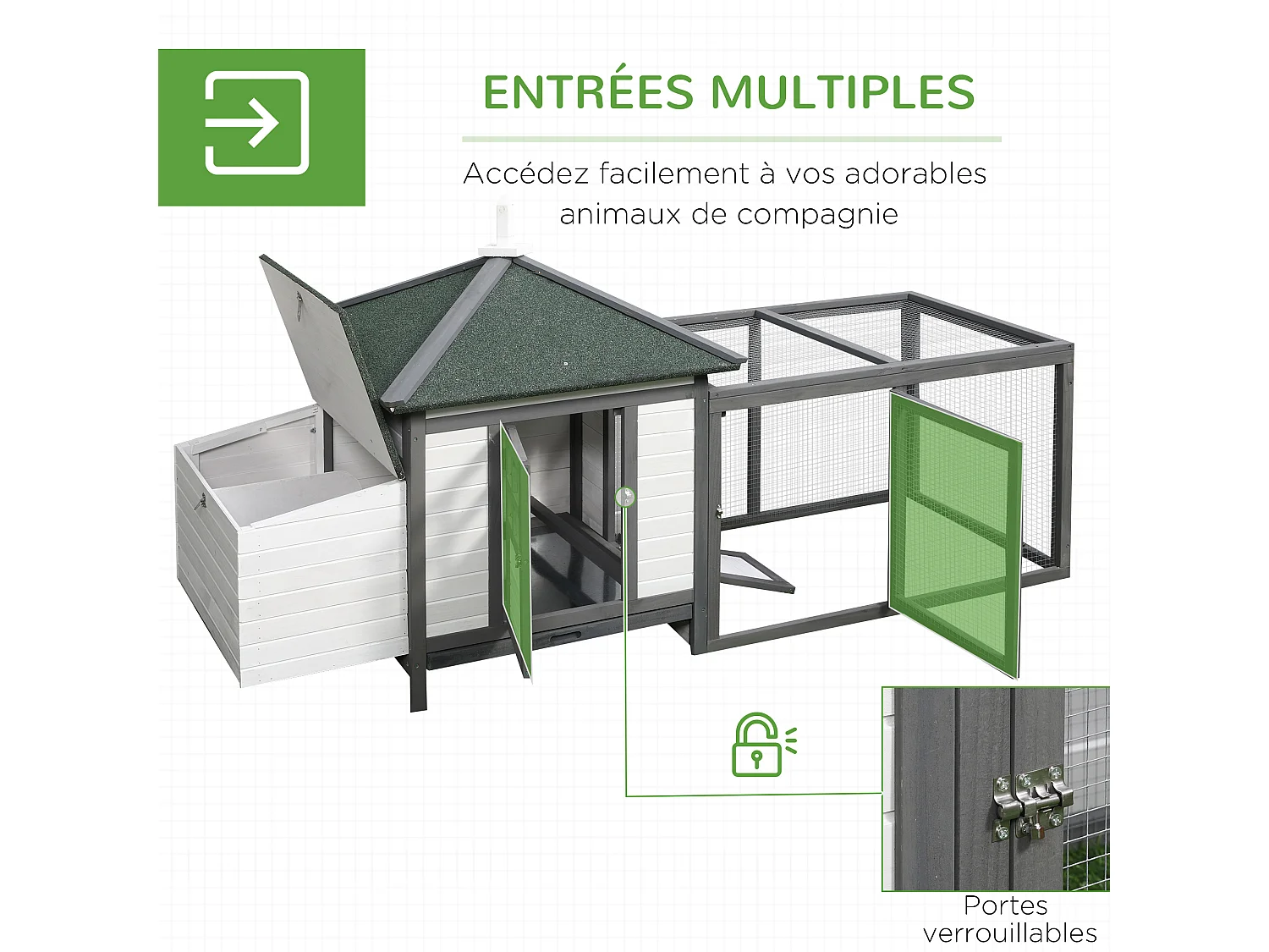 Poulailler cottage multi-équipement perchoir rampe pondoir enclos tiroir à déjection 196L x 76l x 97H cm bois massif pin gris blanc