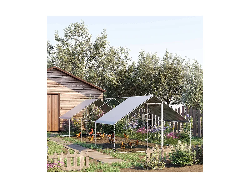 Enclos poulailler chenil 24 m² - parc grillagé dim. 8L x 3l x 2H m - double espace couvert - acier galvanisé