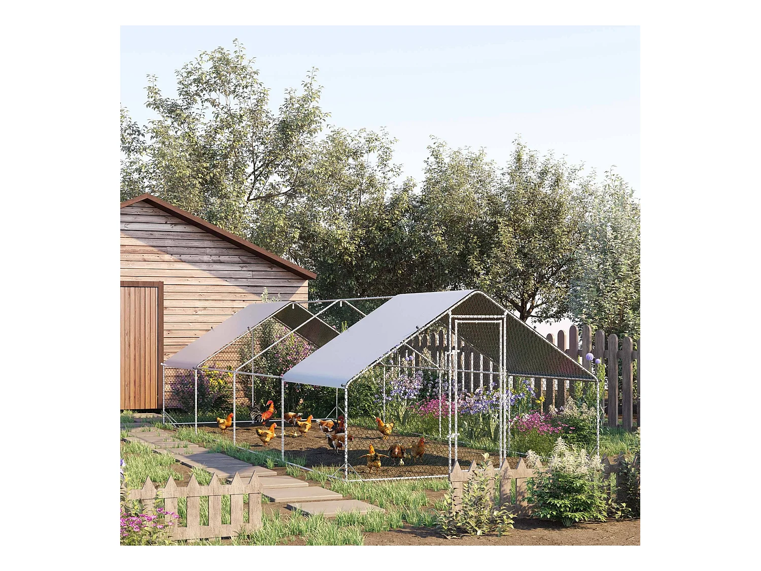 Enclos poulailler chenil 24 m² - parc grillagé dim. 8L x 3l x 2H m - double espace couvert - acier galvanisé