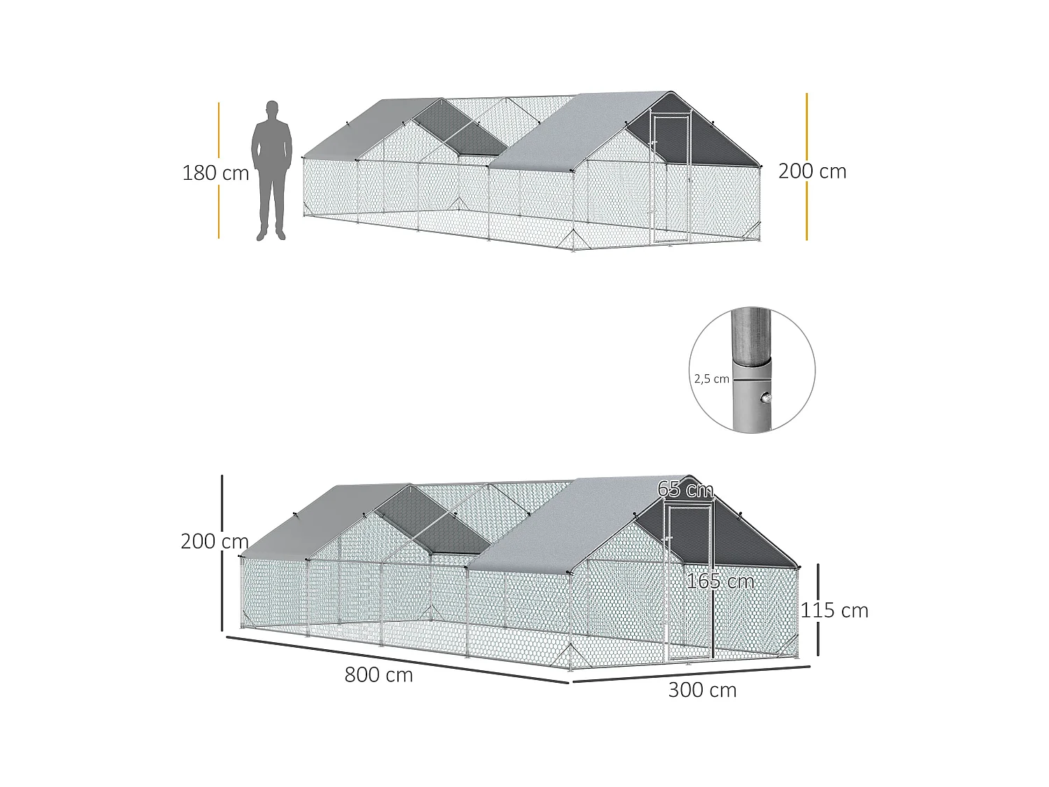 Enclos poulailler chenil 24 m² - parc grillagé dim. 8L x 3l x 2H m - double espace couvert - acier galvanisé