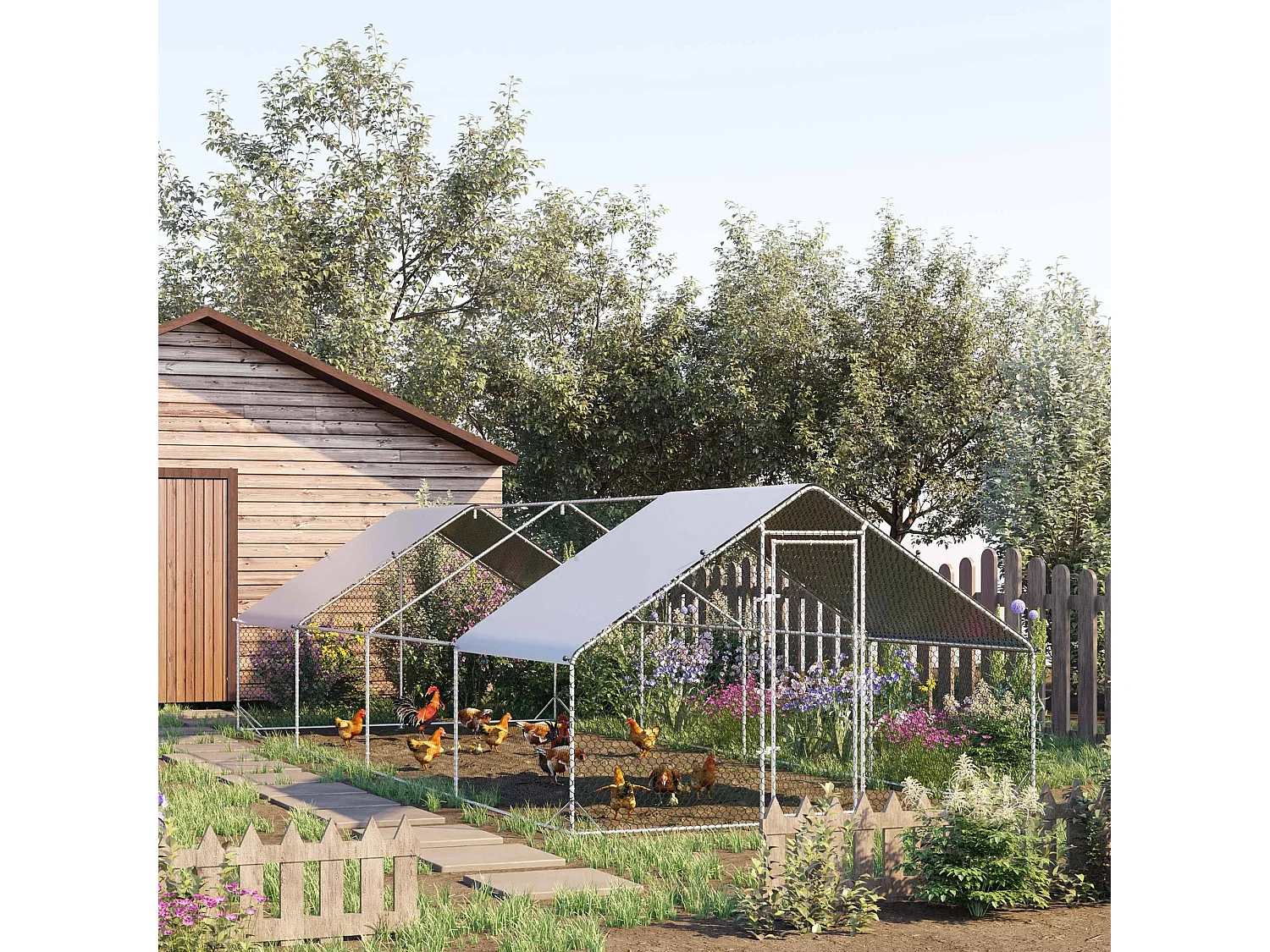 Enclos poulailler chenil 24 m² - parc grillagé dim. 8L x 3l x 2H m - double espace couvert - acier galvanisé