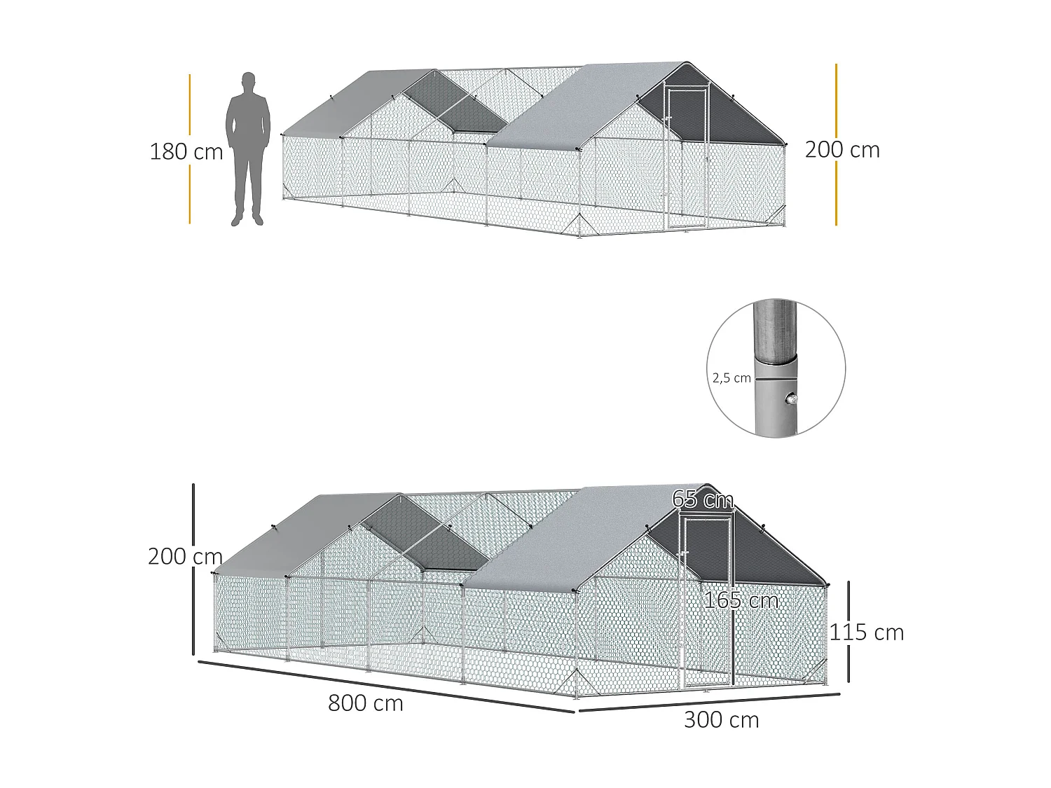 Enclos poulailler chenil 24 m² - parc grillagé dim. 8L x 3l x 2H m - double espace couvert - acier galvanisé
