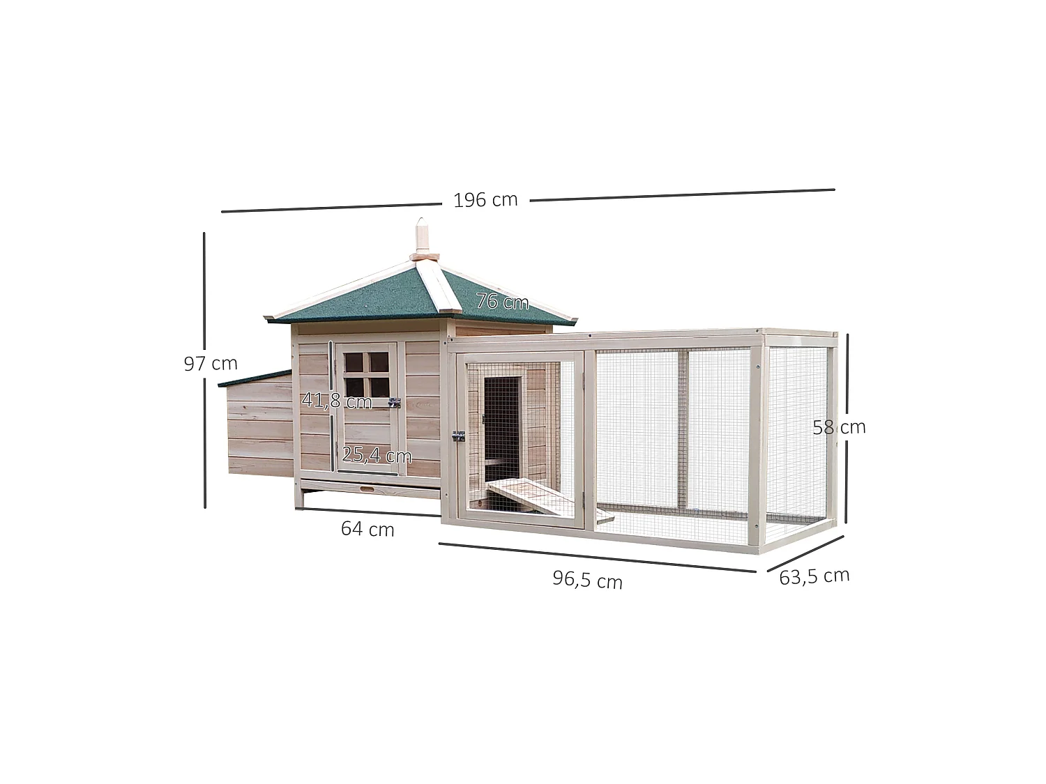 Poulailler cottage multi-équipement perchoir rampe pondoir enclos tiroir à déjection 196L x 76l x 97H cm bois massif pin
