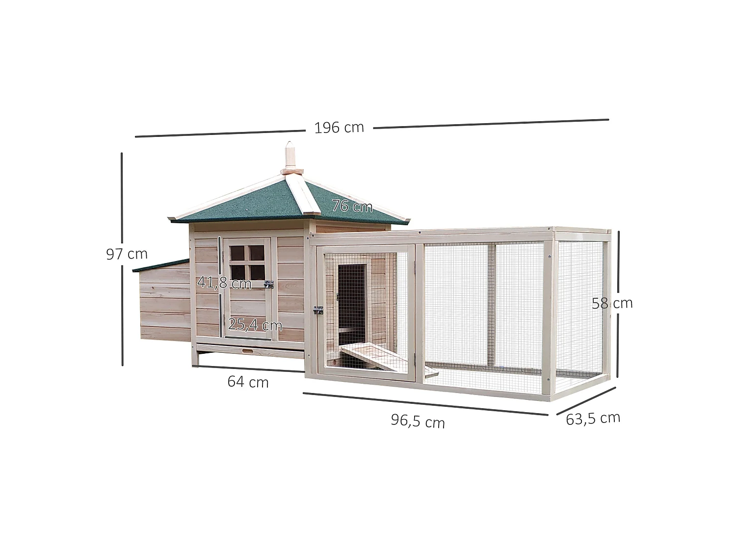 Poulailler cottage multi-équipement perchoir rampe pondoir enclos tiroir à déjection 196L x 76l x 97H cm bois massif pin