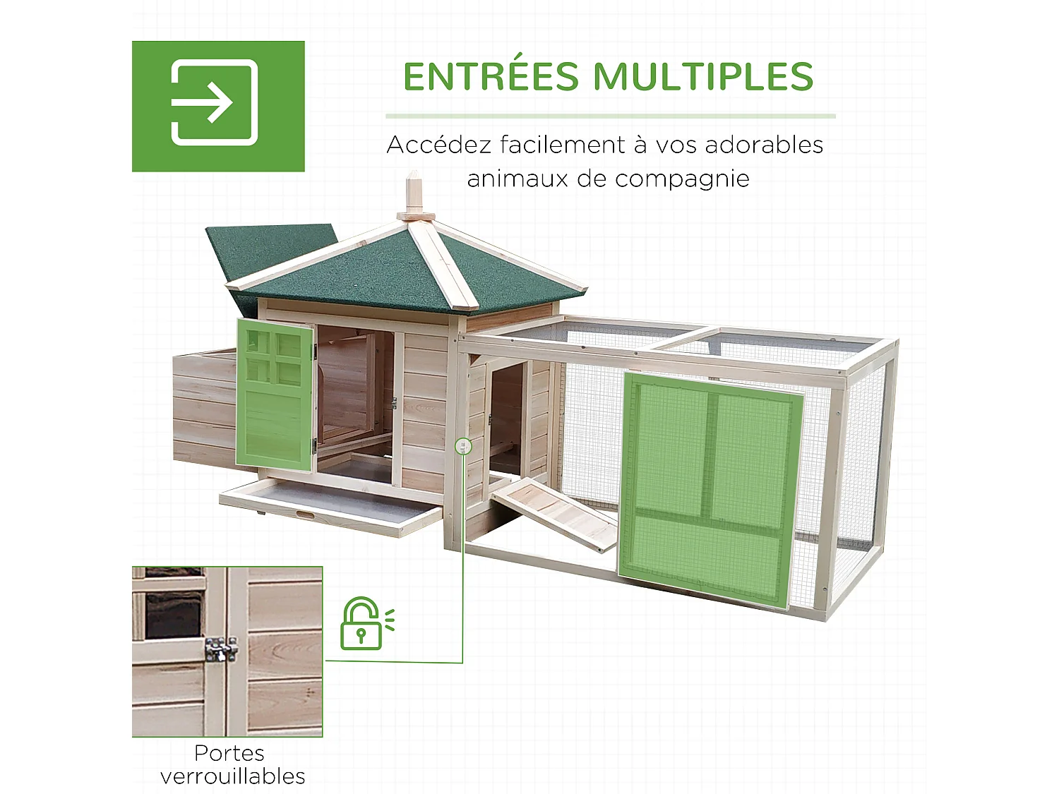 Poulailler cottage multi-équipement perchoir rampe pondoir enclos tiroir à déjection 196L x 76l x 97H cm bois massif pin