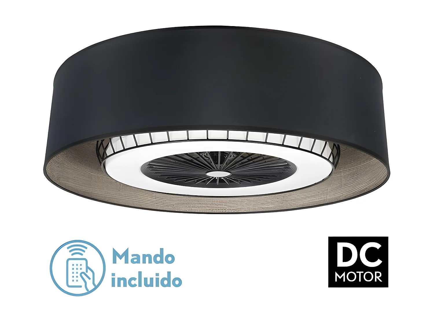 Ventilateur DC TANIA noir en bois LED avec déclencheur Fabrilamp