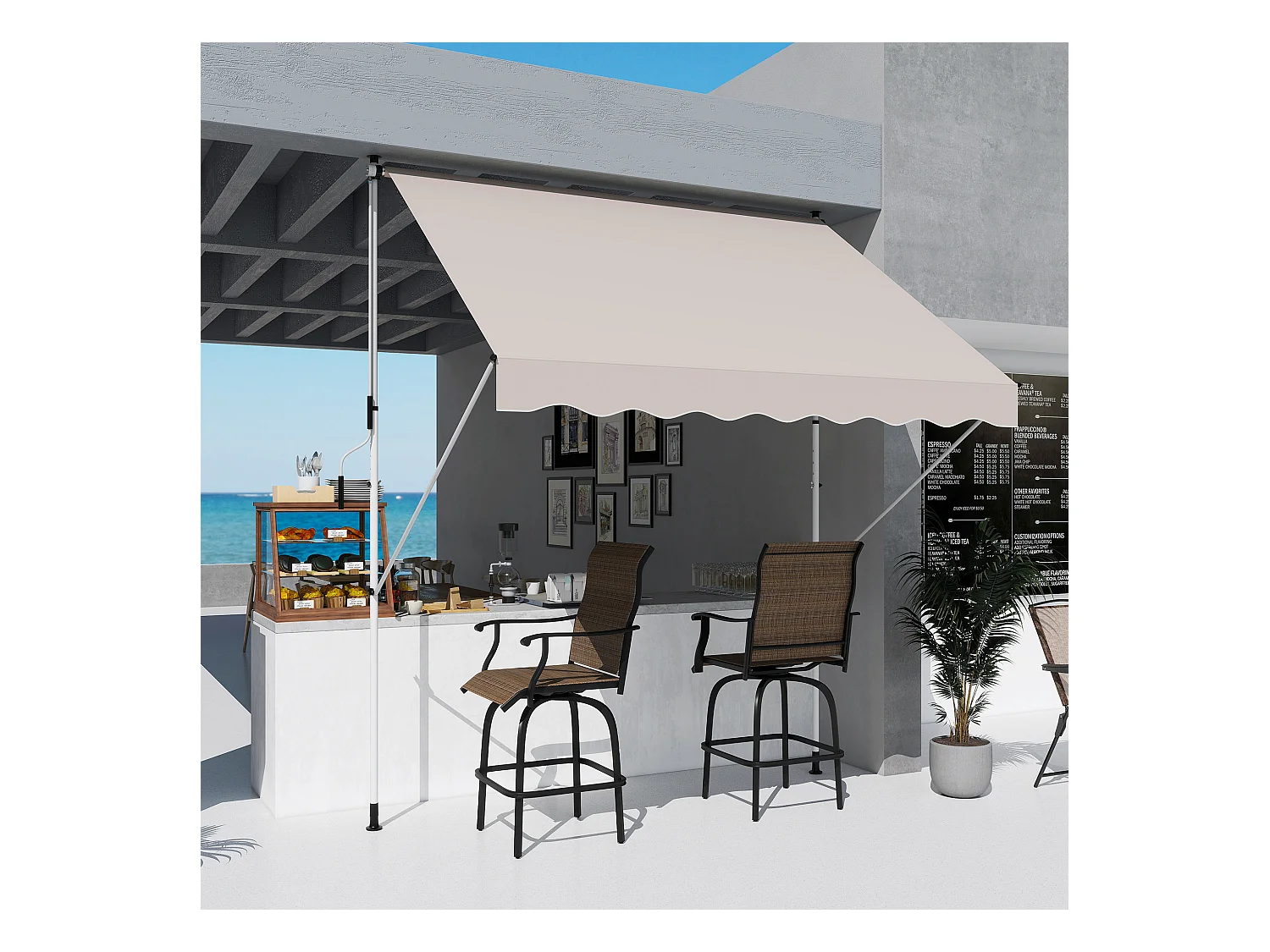 Store banne manuel rétractable 3L x 1,5l m inclinaison et hauteur réglable installation rapide métal alu polyester anti-UV beige