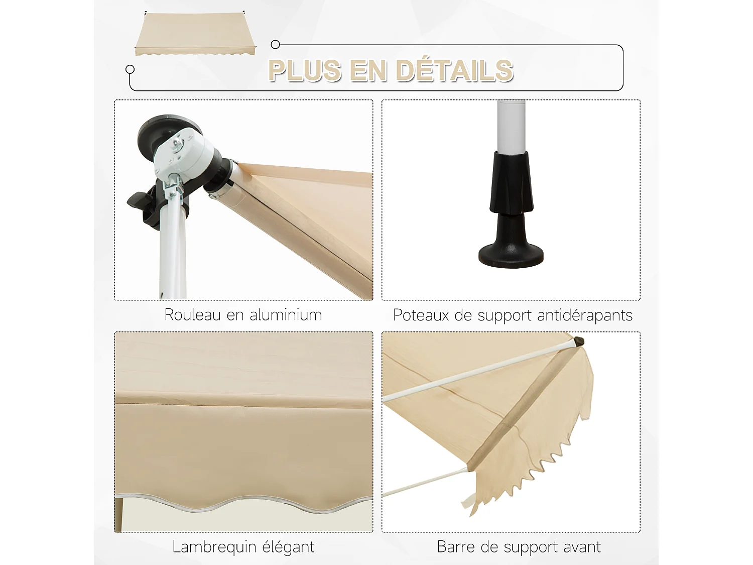 Store banne manuel rétractable 3L x 1,5l m inclinaison et hauteur réglable installation rapide métal alu polyester anti-UV beige