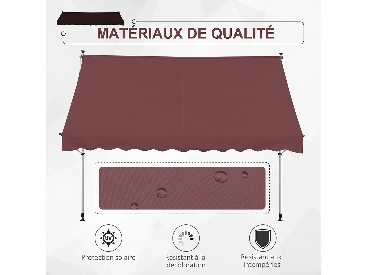 Store banne manuel rétractable 3L x 1,5l m inclinaison et hauteur réglable installation rapide métal alu polyester anti-UV bordeaux