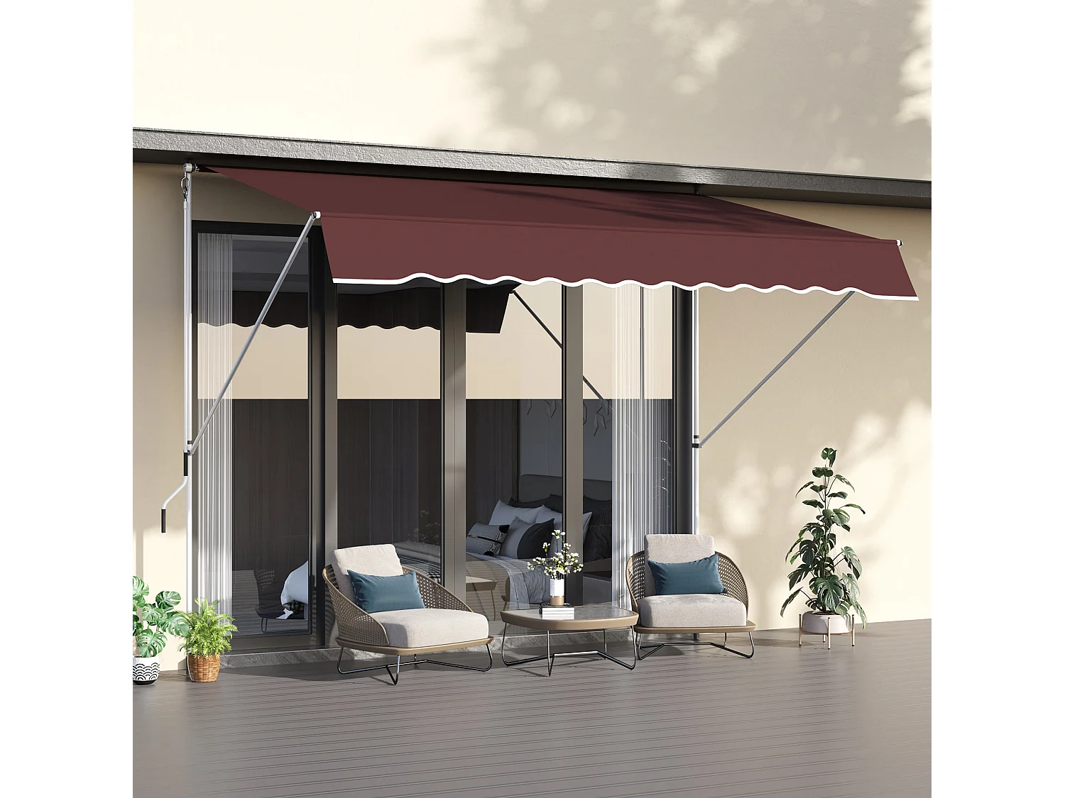 Store banne manuel rétractable 3L x 1,5l m inclinaison et hauteur réglable installation rapide métal alu polyester anti-UV bordeaux