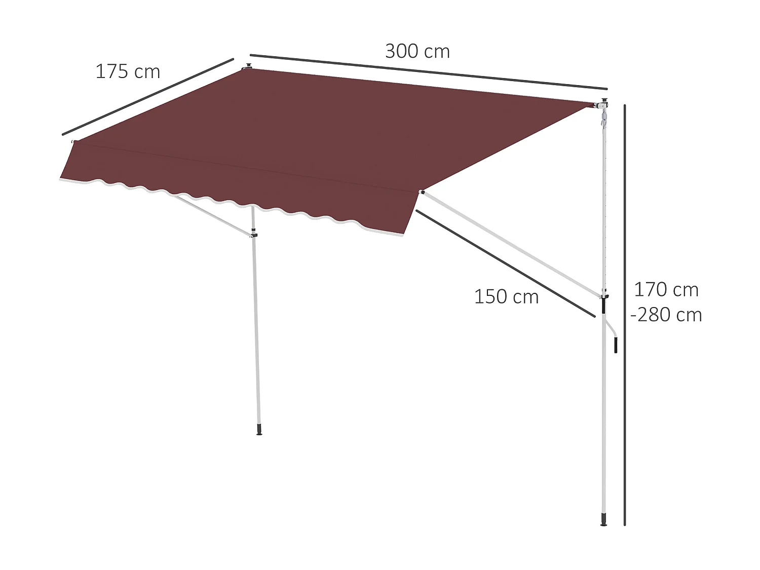 Store banne manuel rétractable 3L x 1,5l m inclinaison et hauteur réglable installation rapide métal alu polyester anti-UV bordeaux