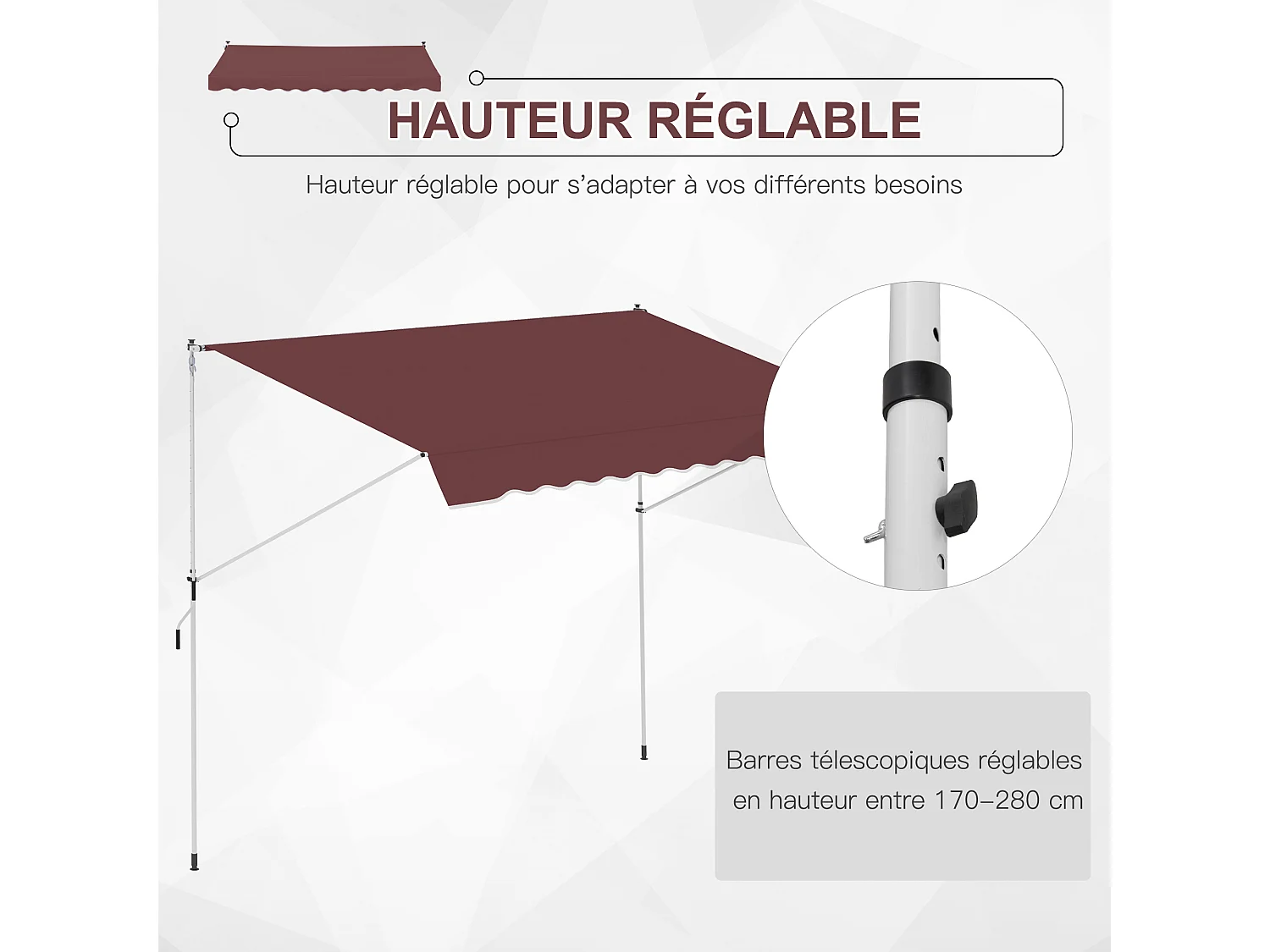 Store banne manuel rétractable 3L x 1,5l m inclinaison et hauteur réglable installation rapide métal alu polyester anti-UV bordeaux