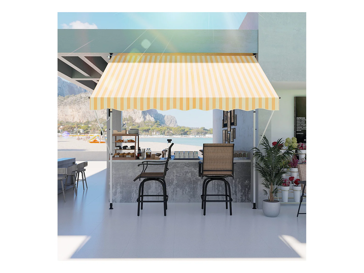 Store banne manuel rétractable 3L x 1,5l m inclinaison et hauteur réglable installation rapide métal alu polyester anti-UV jaune blanc rayé