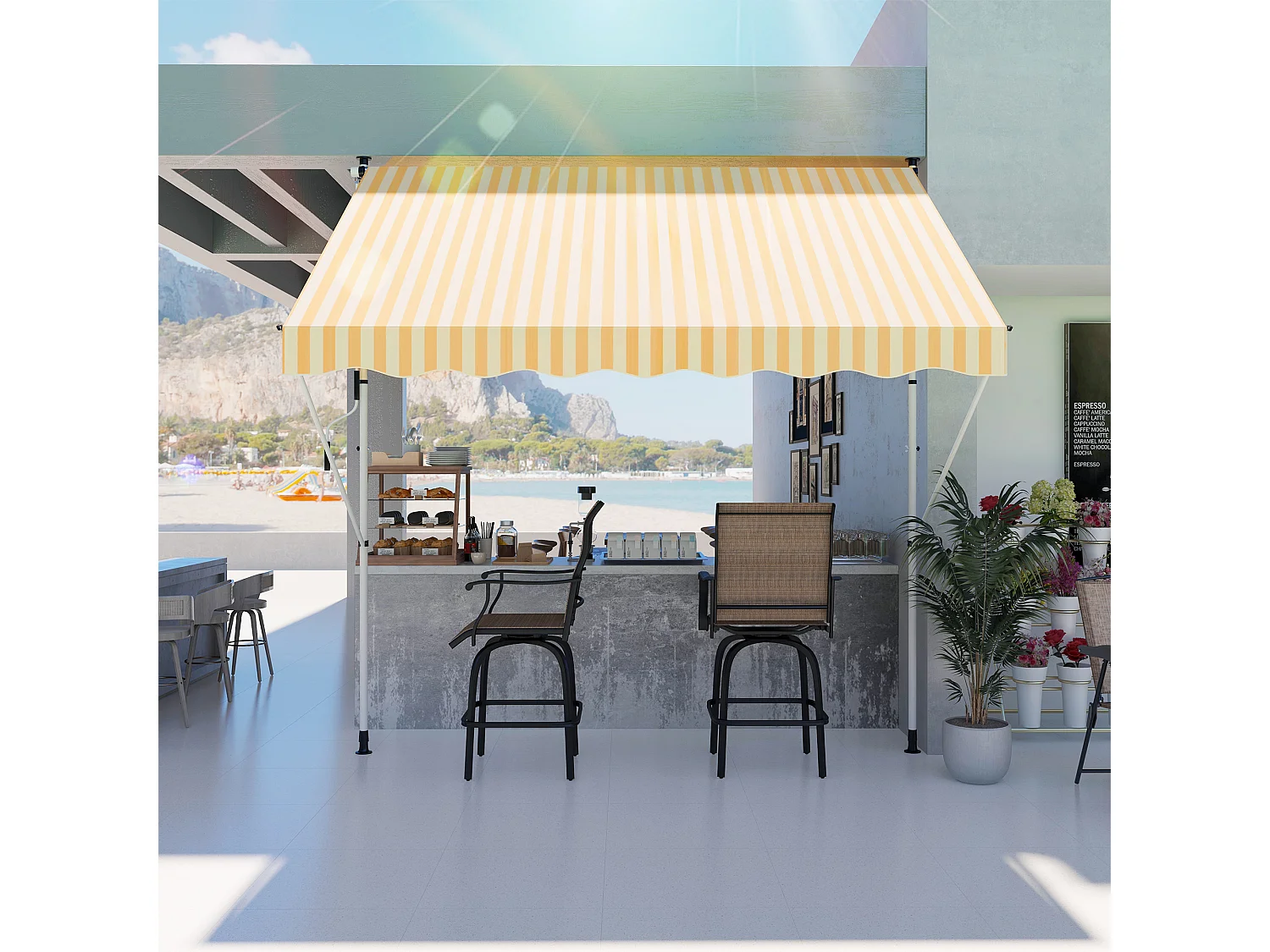 Store banne manuel rétractable 3L x 1,5l m inclinaison et hauteur réglable installation rapide métal alu polyester anti-UV jaune blanc rayé