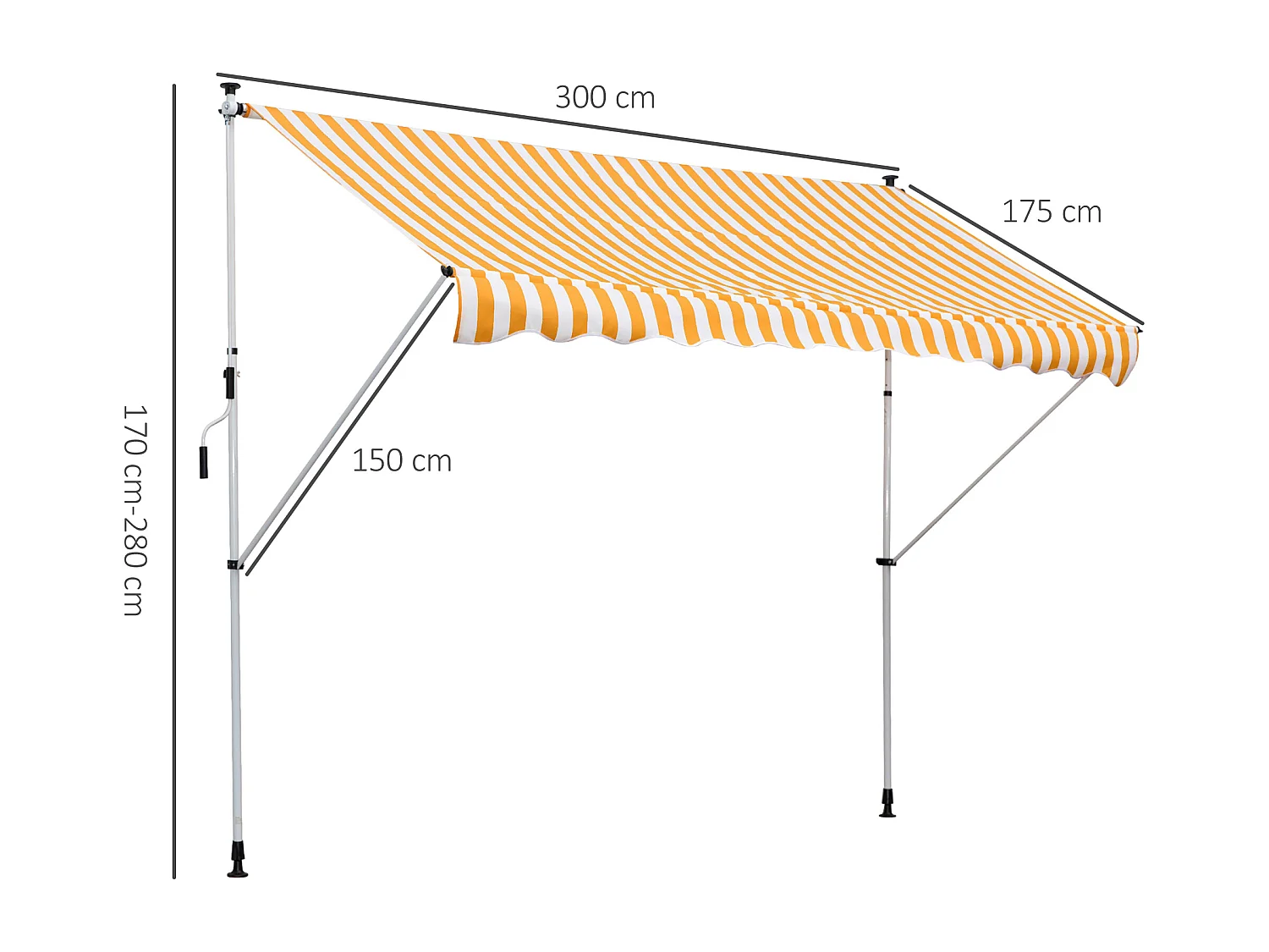 Store banne manuel rétractable 3L x 1,5l m inclinaison et hauteur réglable installation rapide métal alu polyester anti-UV jaune blanc rayé
