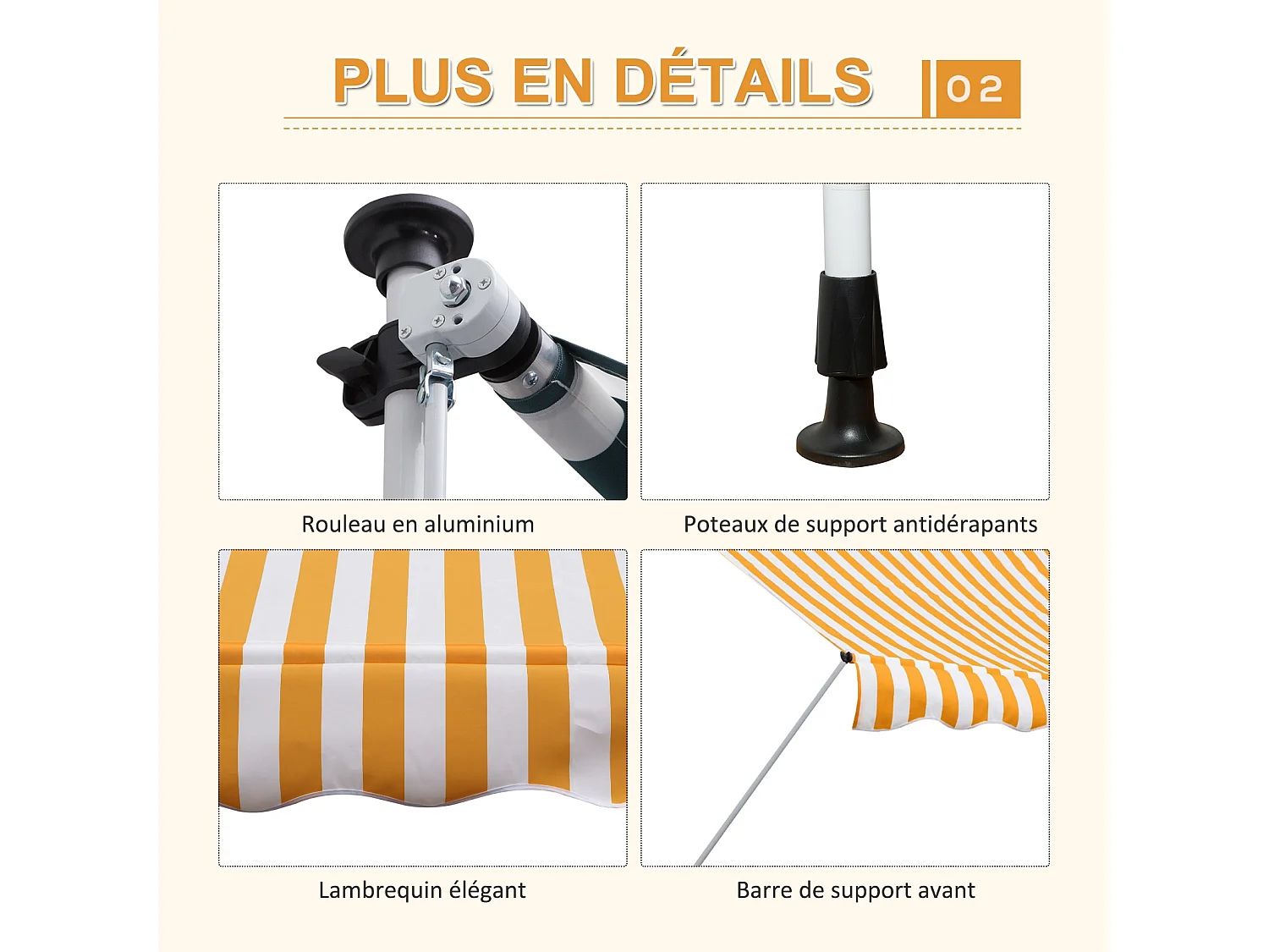 Store banne manuel rétractable 3L x 1,5l m inclinaison et hauteur réglable installation rapide métal alu polyester anti-UV jaune blanc rayé