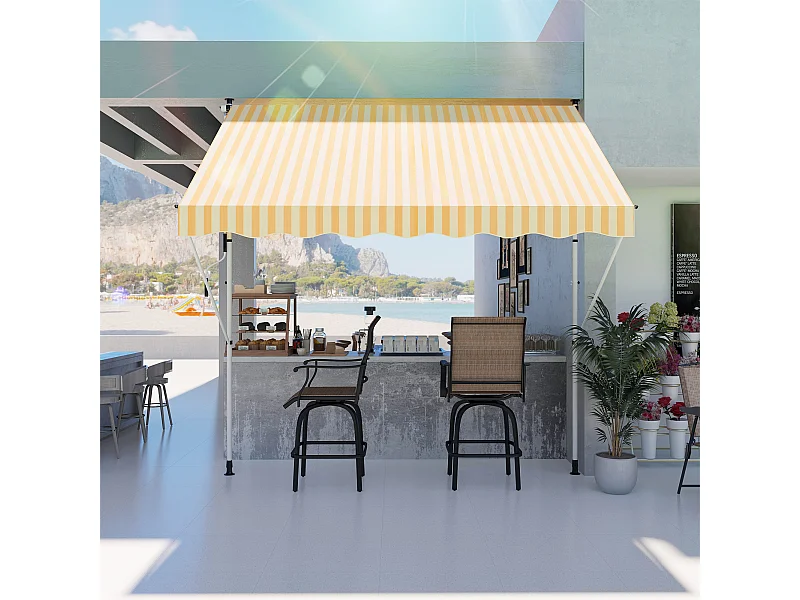 Store banne manuel rétractable 3L x 1,5l m inclinaison et hauteur réglable installation rapide métal alu polyester anti-UV jaune blanc rayé