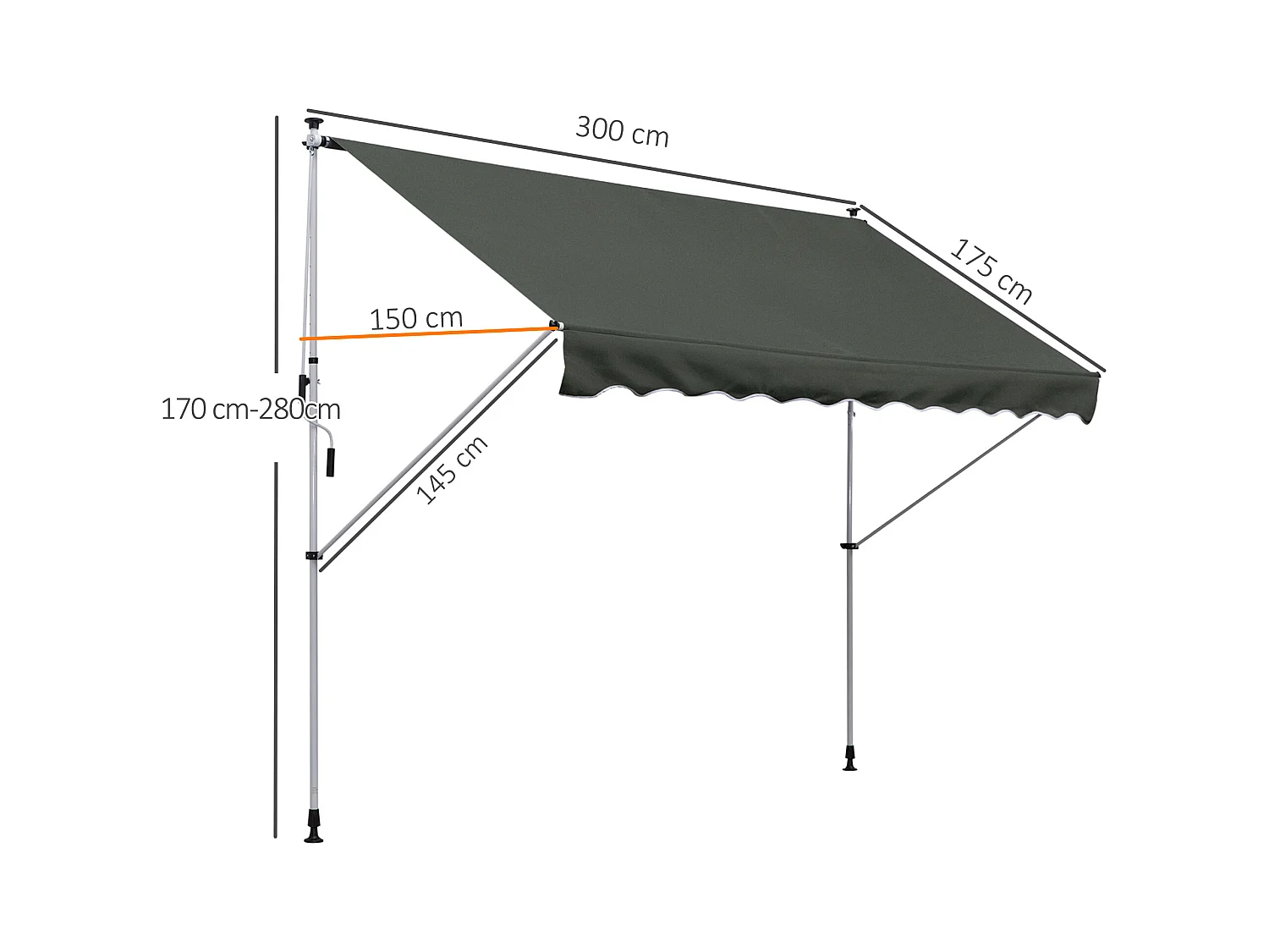 Store banne manuel rétractable 3L x 1,5l m inclinaison et hauteur réglable installation rapide métal alu polyester anti-UV gris