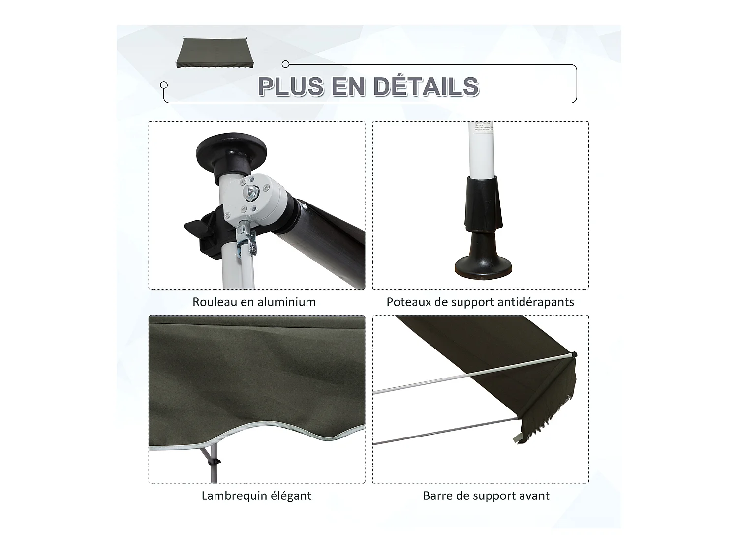 Store banne manuel rétractable 3L x 1,5l m inclinaison et hauteur réglable installation rapide métal alu polyester anti-UV gris
