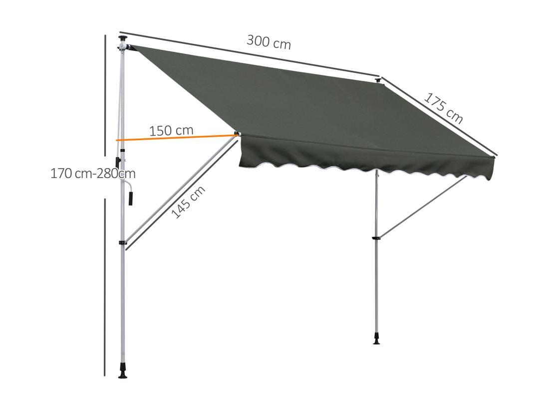 vente unique Store banne manuel rétractable 3L x 1 5l m inclinaison et hauteur réglable installation rapide métal alu polyester anti-UV gris
