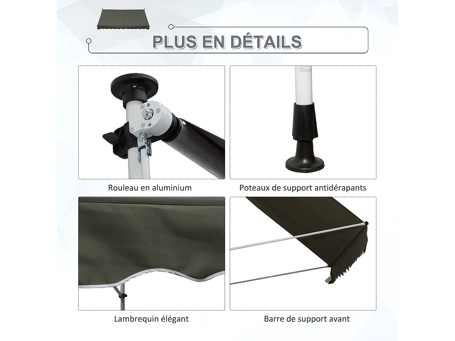 Store banne manuel rétractable 3L x 1,5l m inclinaison et hauteur réglable installation rapide métal alu polyester anti-UV gris