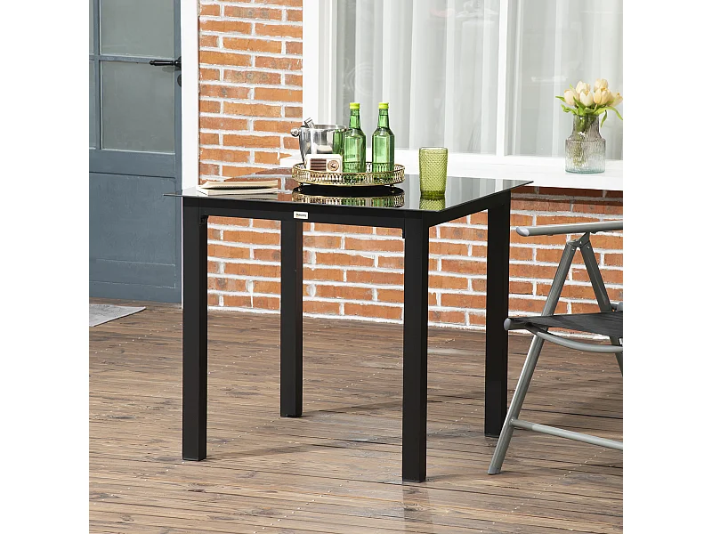 Table de jardin carrée 4 personnes dim. 80L x 80l x 74H cm alu. plateau verre trempé noir