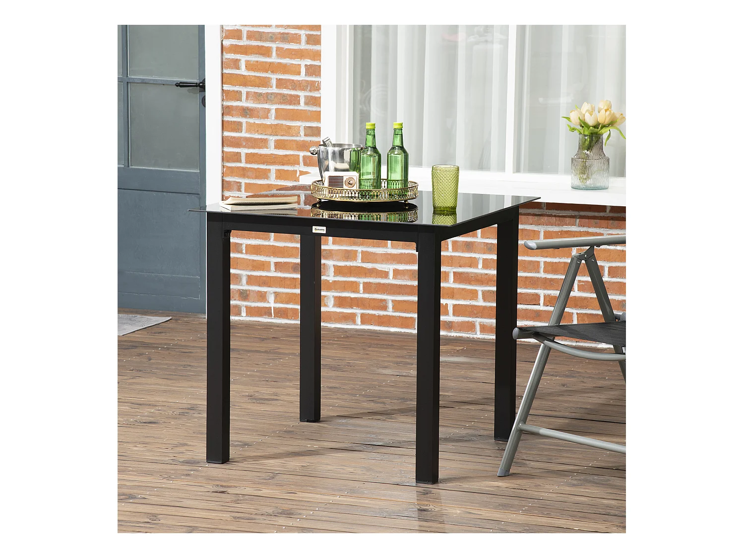 Table de jardin carrée 4 personnes dim. 80L x 80l x 74H cm alu. plateau verre trempé noir