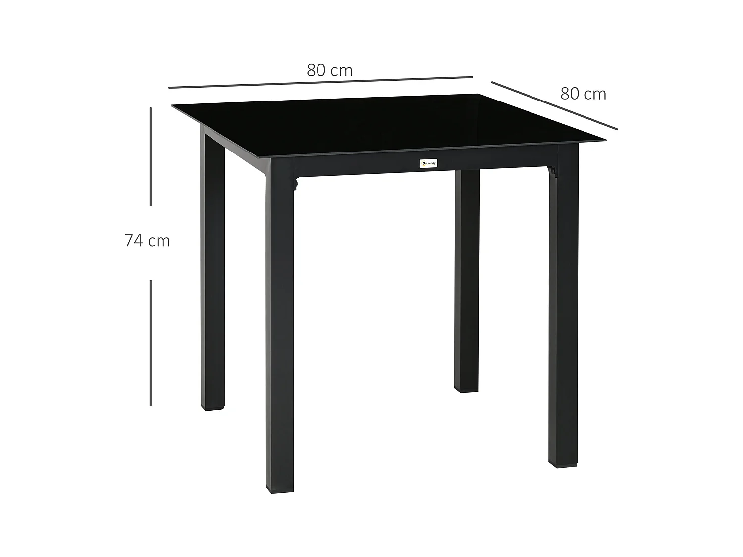 Table de jardin carrée 4 personnes dim. 80L x 80l x 74H cm alu. plateau verre trempé noir