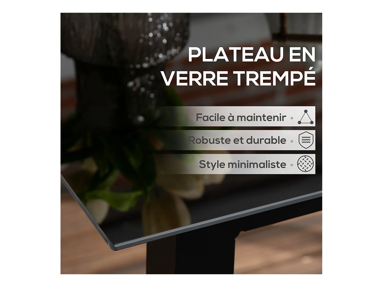 Table de jardin carrée 4 personnes dim. 80L x 80l x 74H cm alu. plateau verre trempé noir