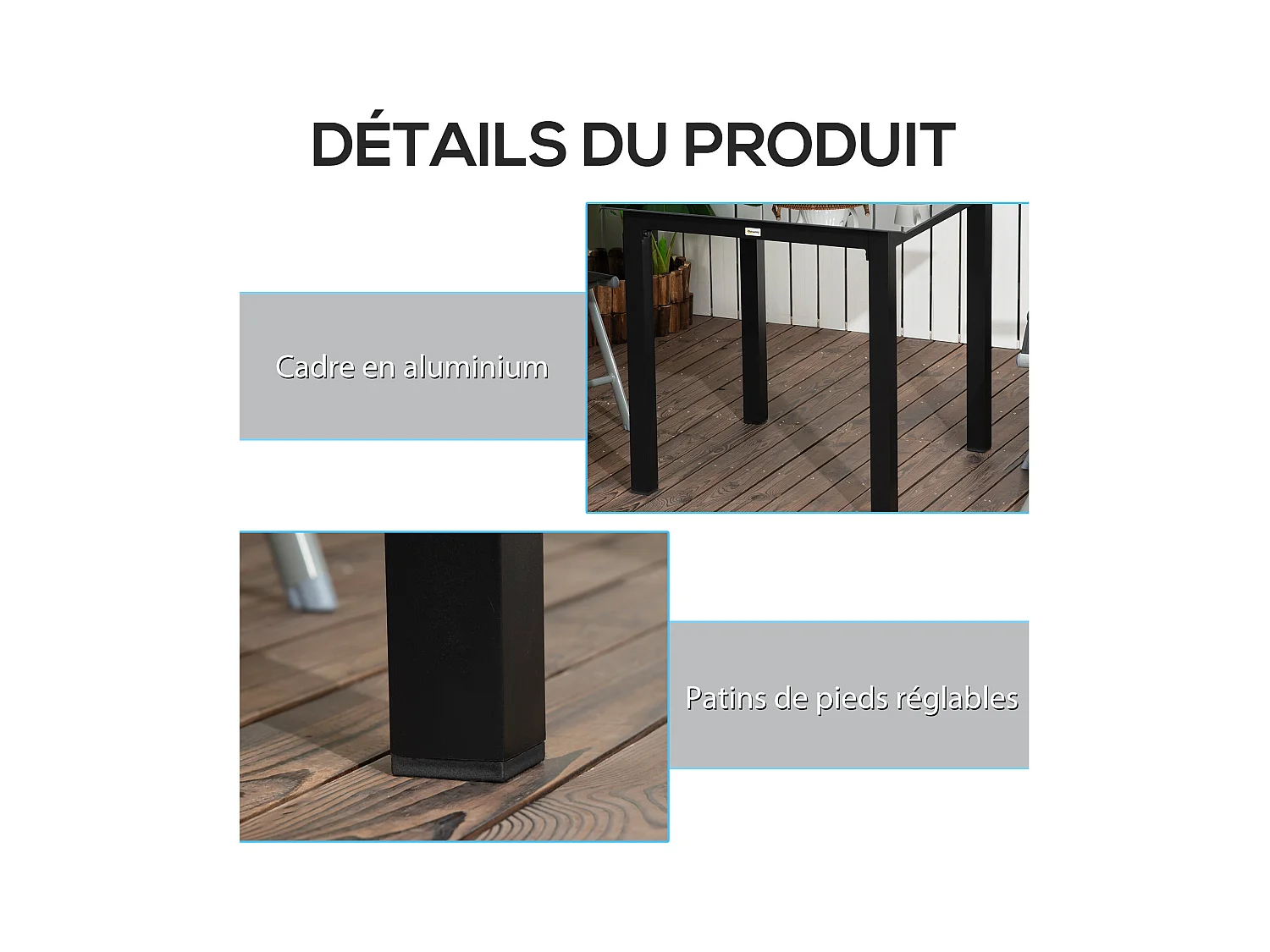 Table de jardin carrée 4 personnes dim. 80L x 80l x 74H cm alu. plateau verre trempé noir