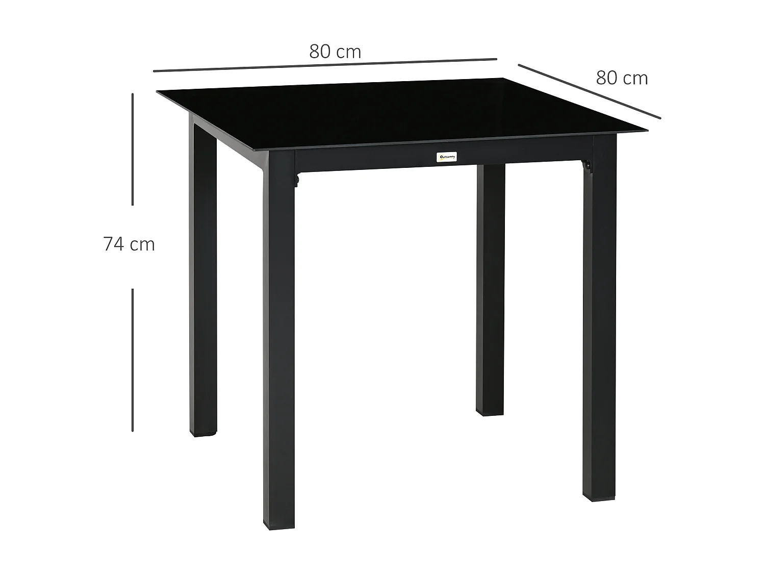 Table de jardin carrée 4 personnes dim. 80L x 80l x 74H cm alu. plateau verre trempé noir