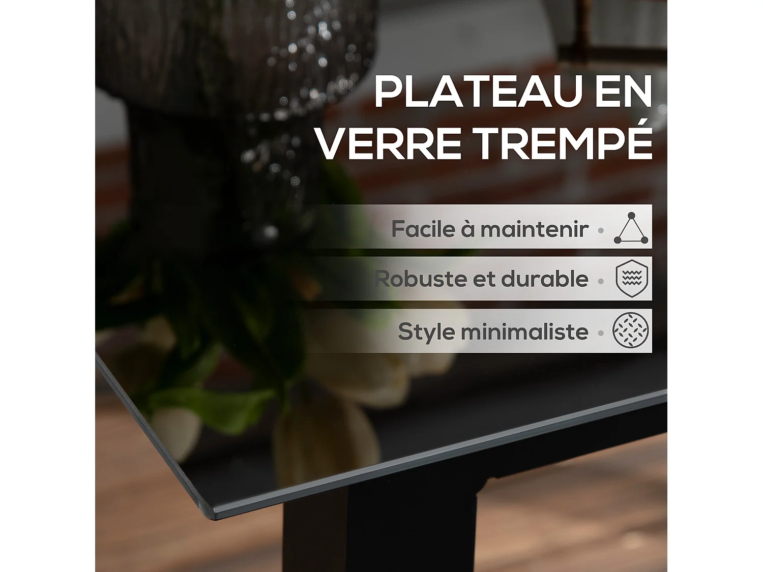 Table de jardin carrée 4 personnes dim. 80L x 80l x 74H cm alu. plateau verre trempé noir