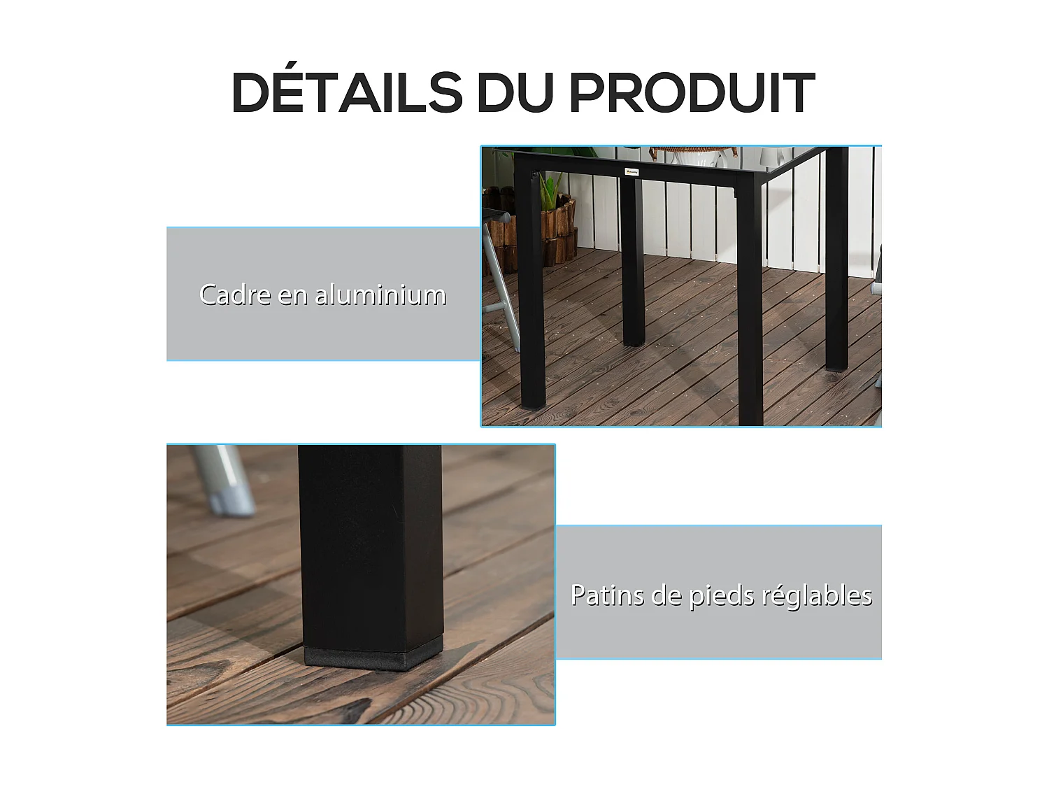 Table de jardin carrée 4 personnes dim. 80L x 80l x 74H cm alu. plateau verre trempé noir
