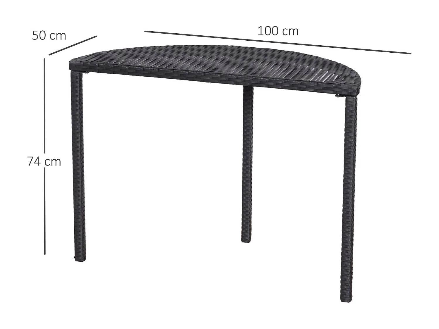 Table de jardin demi cercle - table de balcon demi lune - dim. 100L x 50l x 74H cm résine tressée 4 fils imitation rotin noir
