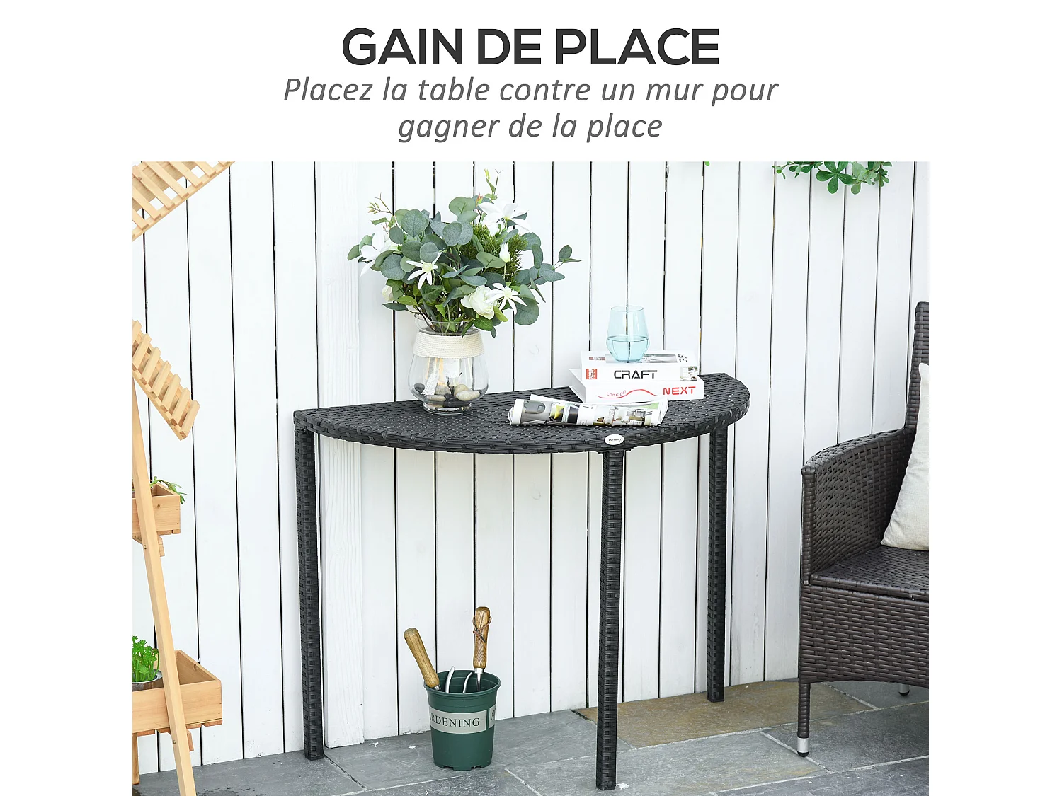 Table de jardin demi cercle - table de balcon demi lune - dim. 100L x 50l x 74H cm résine tressée 4 fils imitation rotin noir