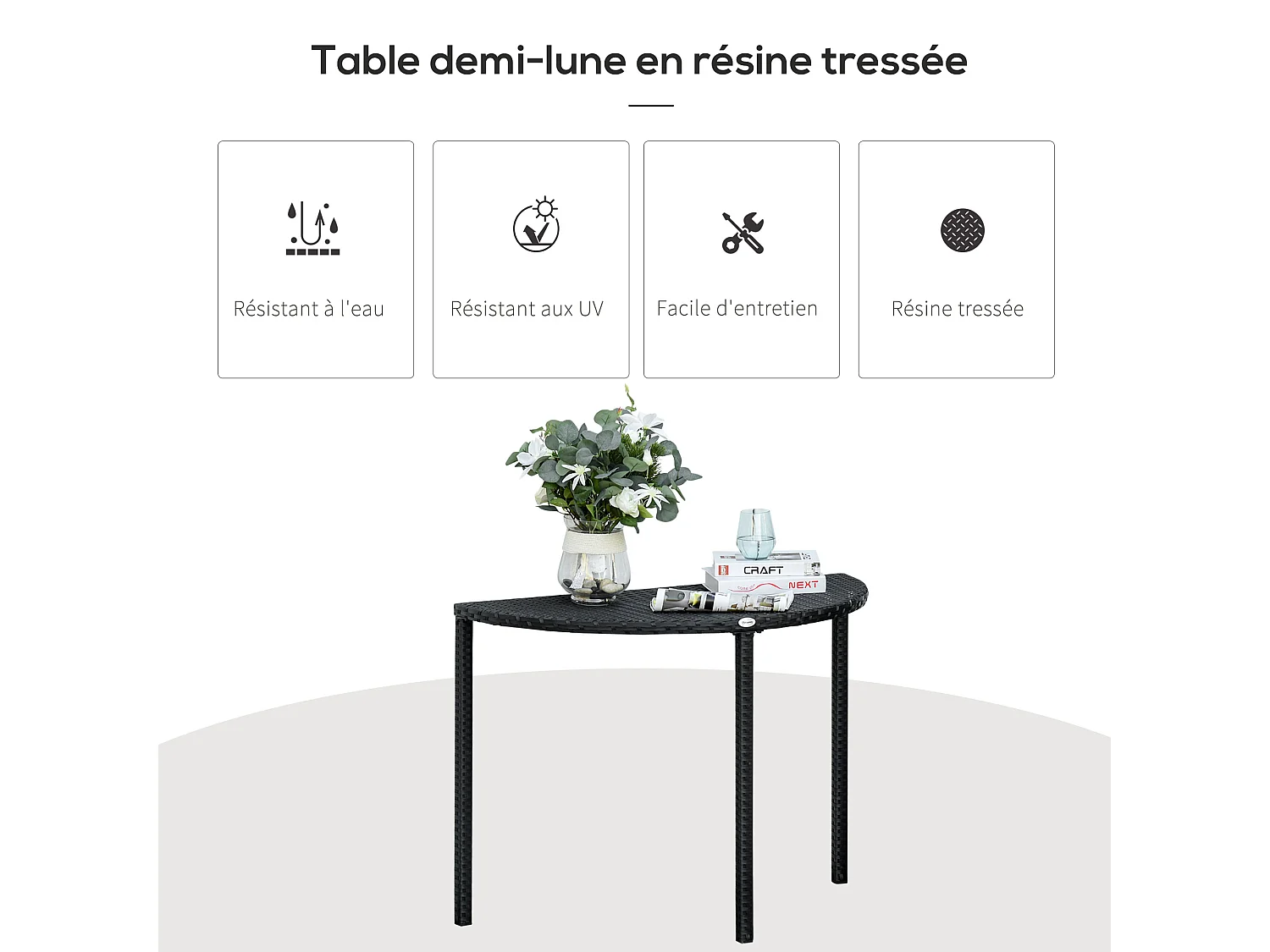 Table de jardin demi cercle - table de balcon demi lune - dim. 100L x 50l x 74H cm résine tressée 4 fils imitation rotin noir