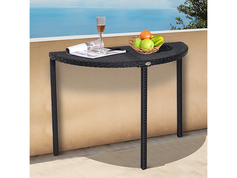 Table de jardin demi cercle - table de balcon demi lune - dim. 100L x 50l x 74H cm résine tressée 4 fils imitation rotin noir