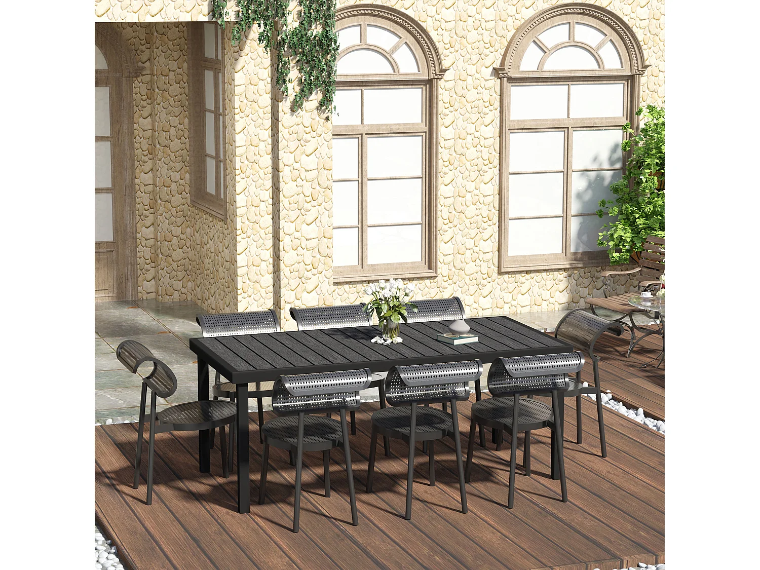 Table de jardin rectangulaire pour 8 personnes en aluminium plateau PE à lattes aspect bois dim. 190L x 90l x 74H cm noir