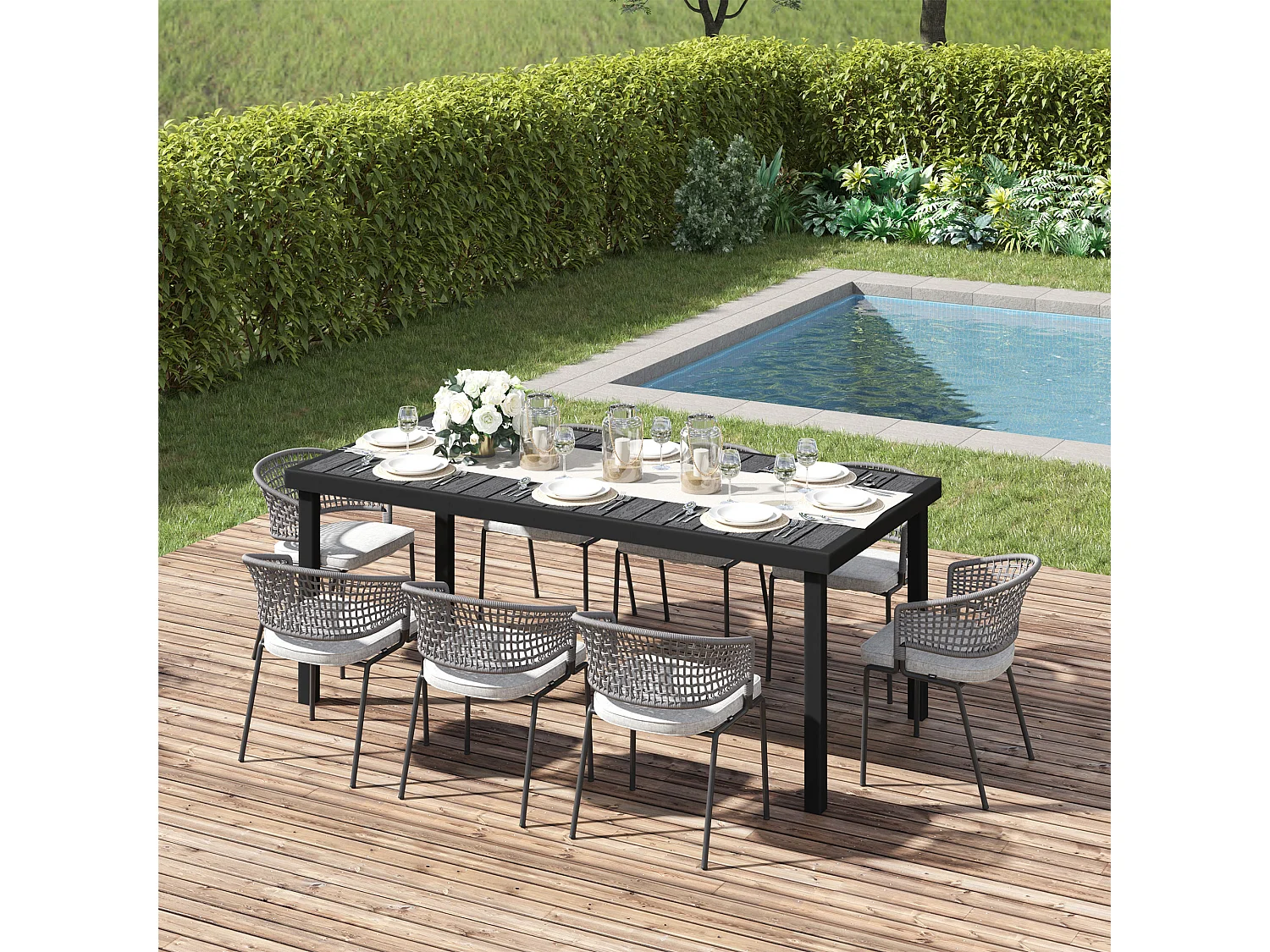 Table de jardin rectangulaire pour 8 personnes en aluminium plateau PE à lattes aspect bois dim. 190L x 90l x 74H cm noir