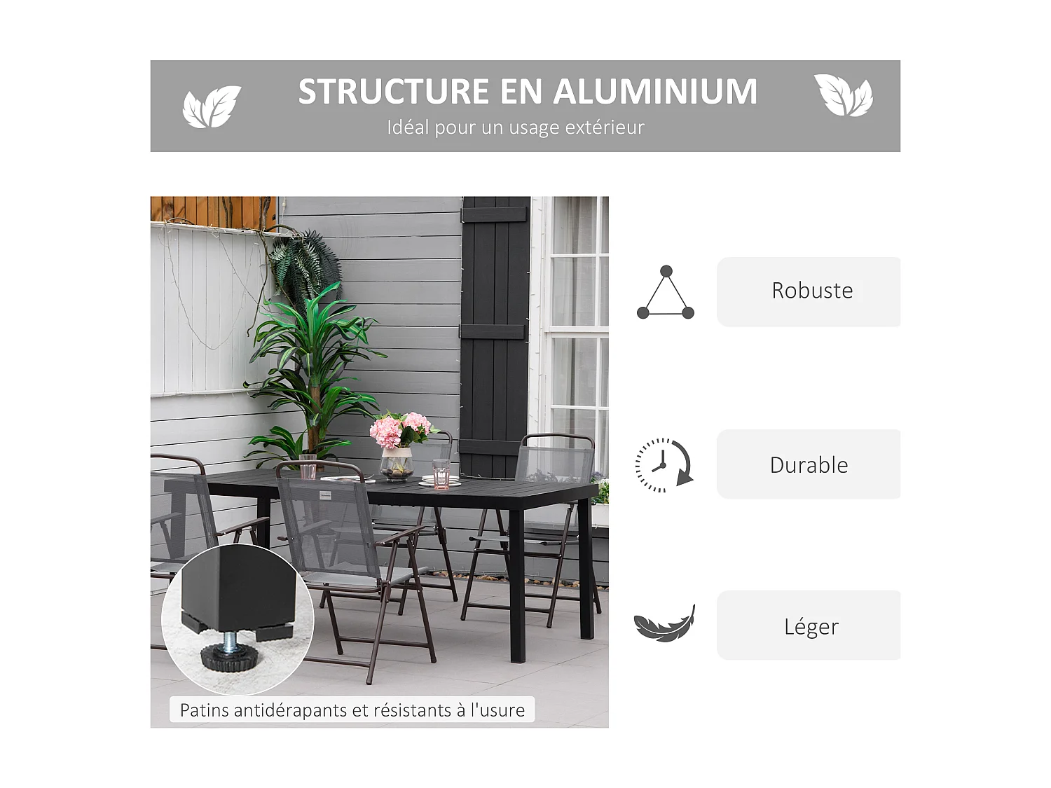 Table de jardin rectangulaire pour 8 personnes en aluminium plateau PE à lattes aspect bois dim. 190L x 90l x 74H cm noir