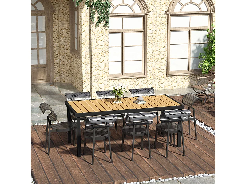 Table de jardin rectangulaire pour 8 personnes en aluminium plateau PE à lattes aspect bois dim. 190L x 90l x 74H cm noir