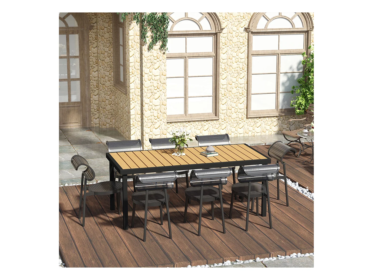 Table de jardin rectangulaire pour 8 personnes en aluminium plateau PE à lattes aspect bois dim. 190L x 90l x 74H cm noir