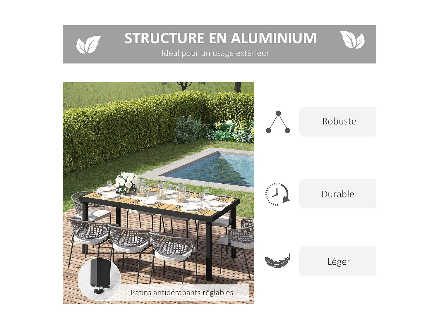 Table de jardin rectangulaire pour 8 personnes en aluminium plateau PE à lattes aspect bois dim. 190L x 90l x 74H cm noir