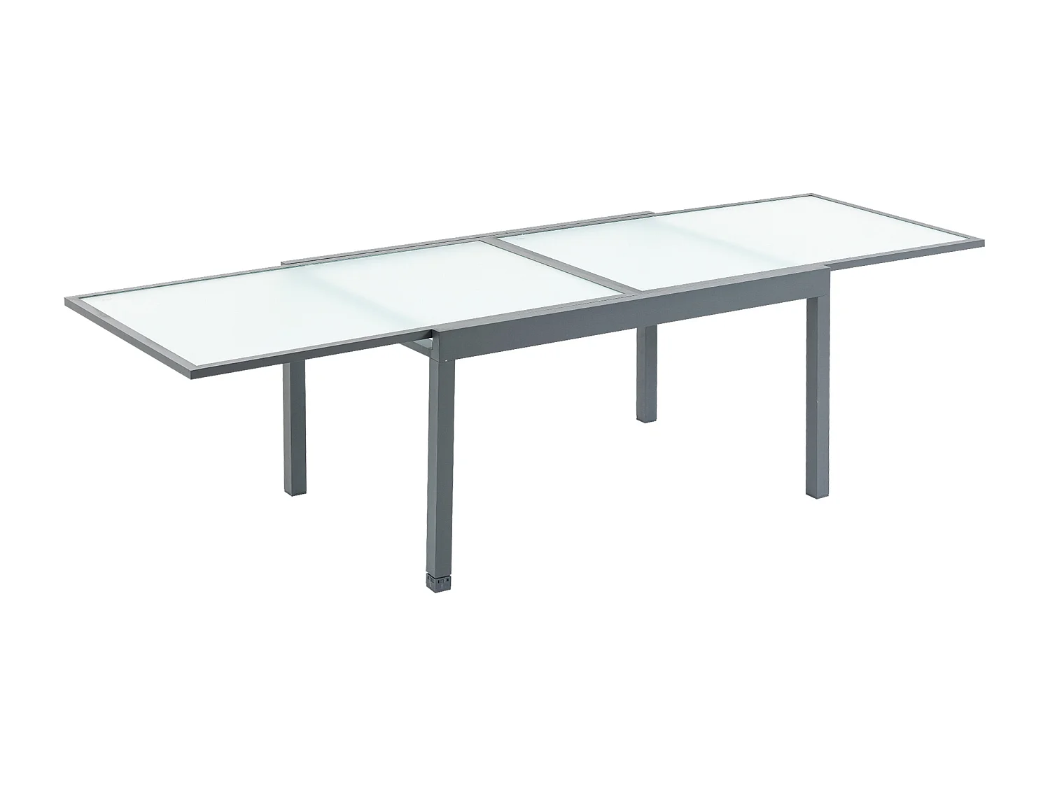 Table extensible de jardin grande taille dim. dépliées 270L x 90l x 73H cm piètement châssis alu. plateau verre trempé dépoli