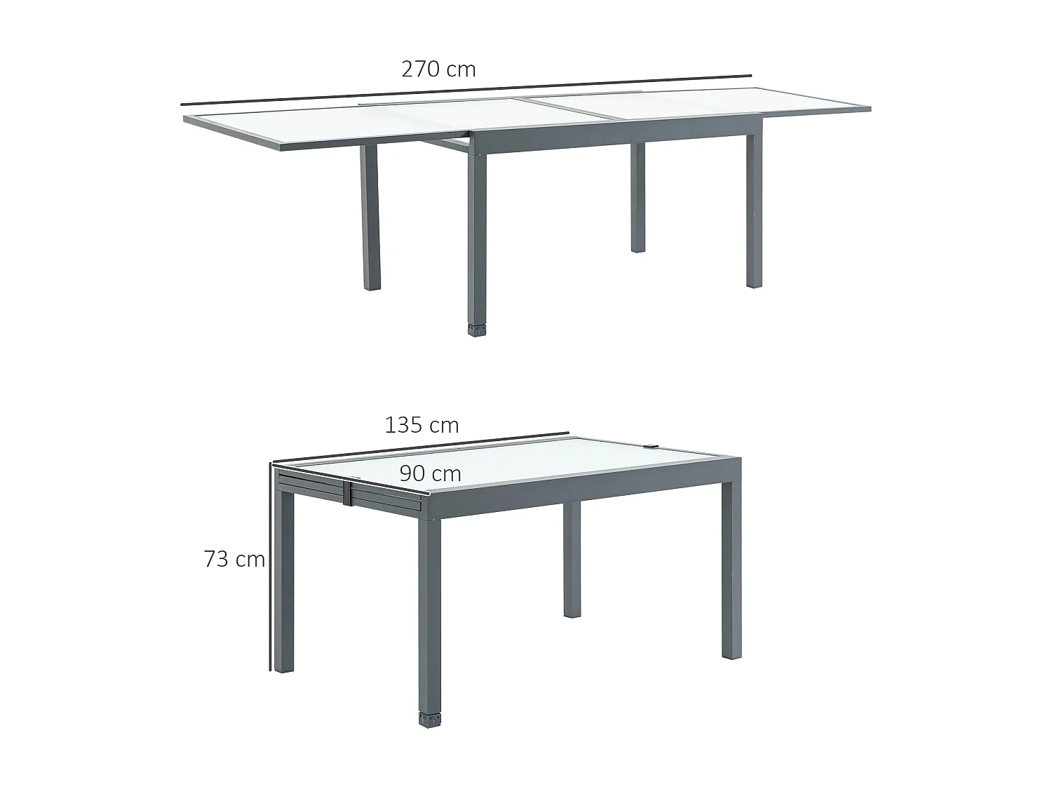 Table extensible de jardin grande taille dim. dépliées 270L x 90l x 73H cm piètement châssis alu. plateau verre trempé dépoli