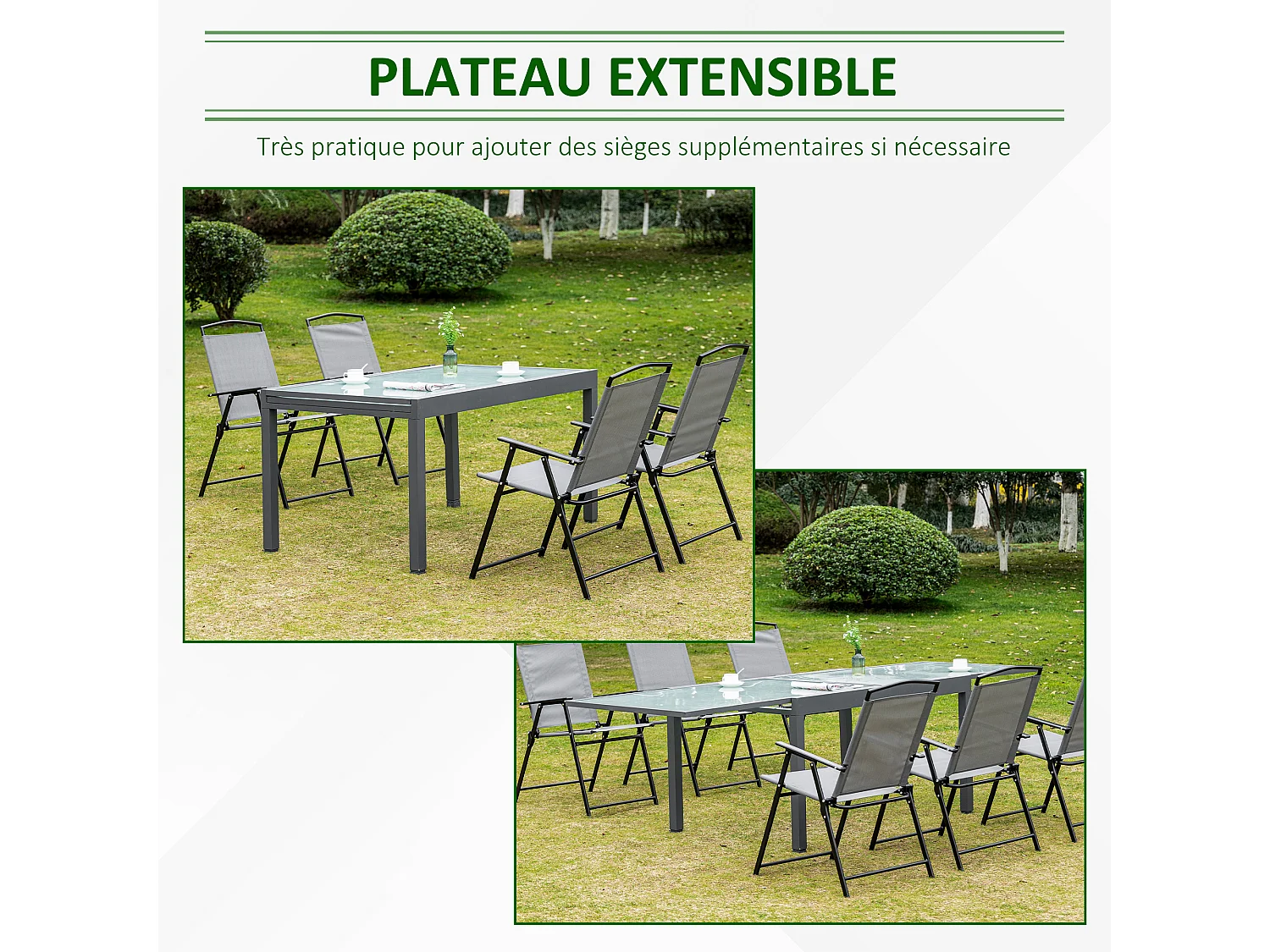 Table extensible de jardin grande taille dim. dépliées 270L x 90l x 73H cm piètement châssis alu. plateau verre trempé dépoli